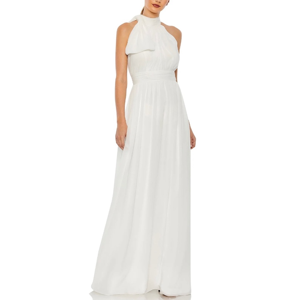 NEW Mac Duggal White High Neck Bow Chiffon Gown Dress, size 12